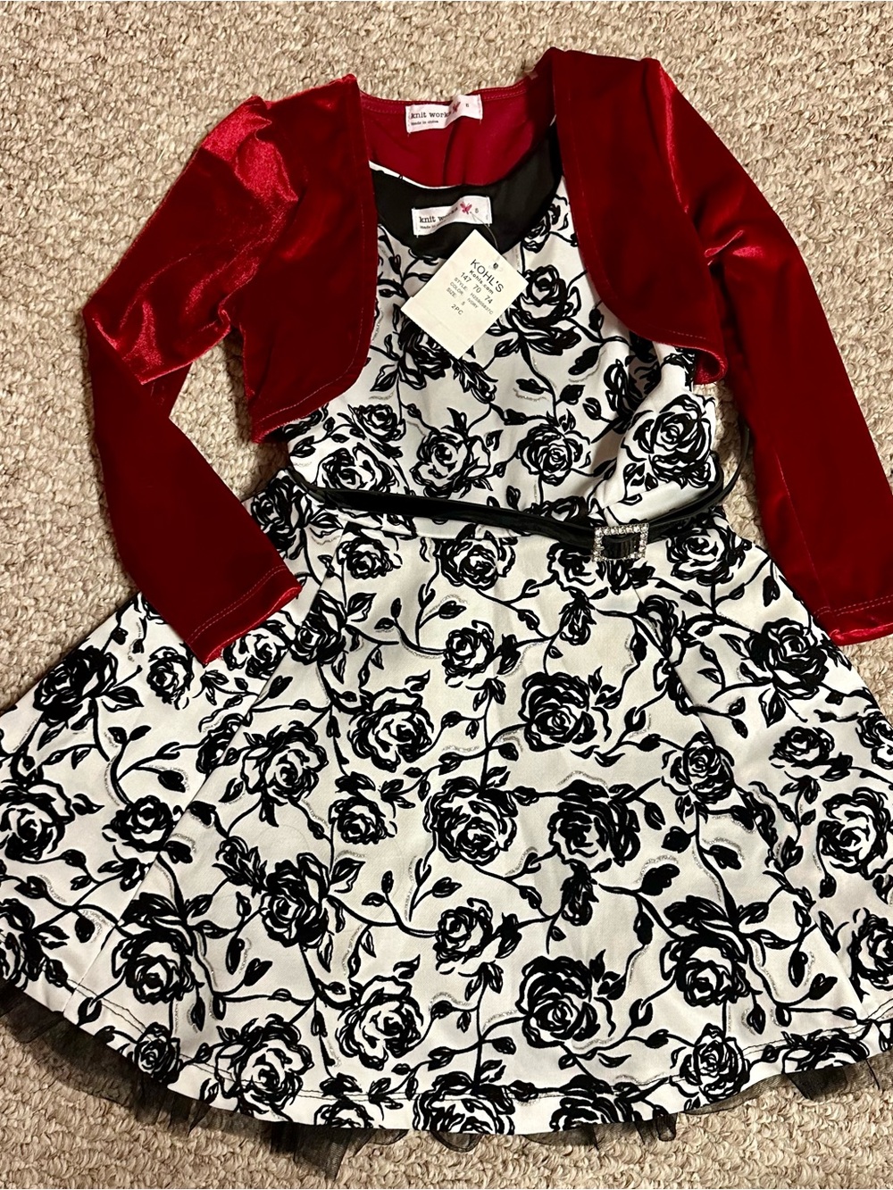 Knitworks Red Velvet Bolero with Black & White Rose Dress
